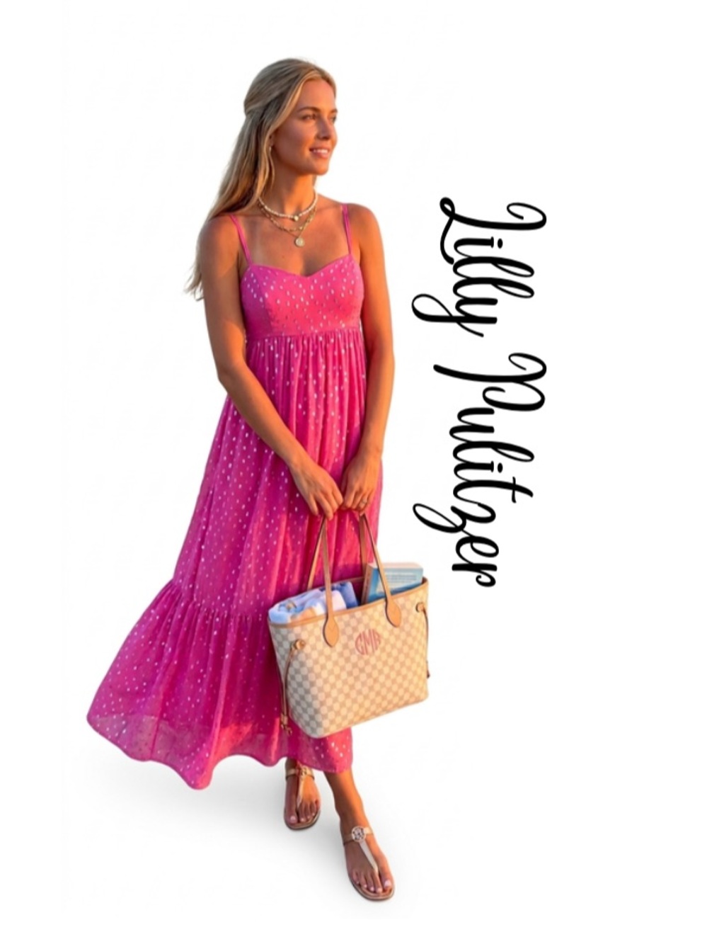 Lilly Pulitzer Hiedi Smocked Maxi Aura Pink & Gold Beachwear Sundress Womens 12